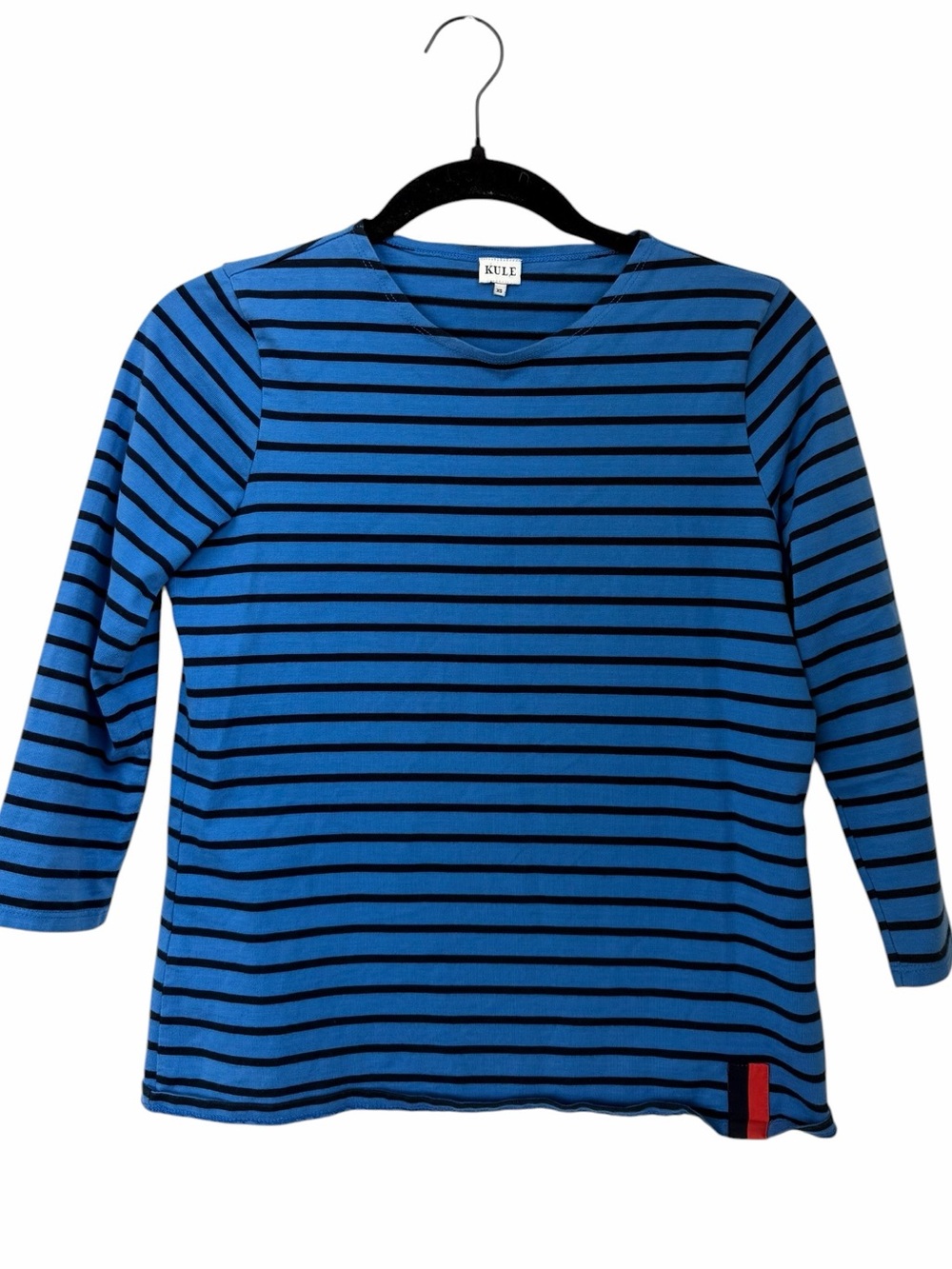 KULE Blue Modern Stripe Shirt Boat Neck Womens Size X Small XS 100% Cotton